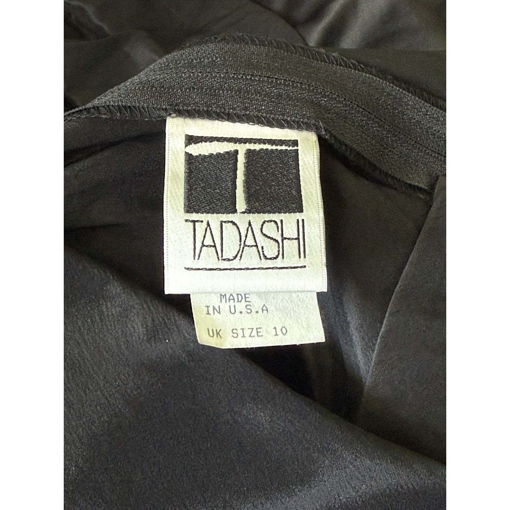 Tadashi Vintage 90s Formal Evening Gown Size 8 Black Satin Tuxedo Style Ruched - Picture 2 of 6